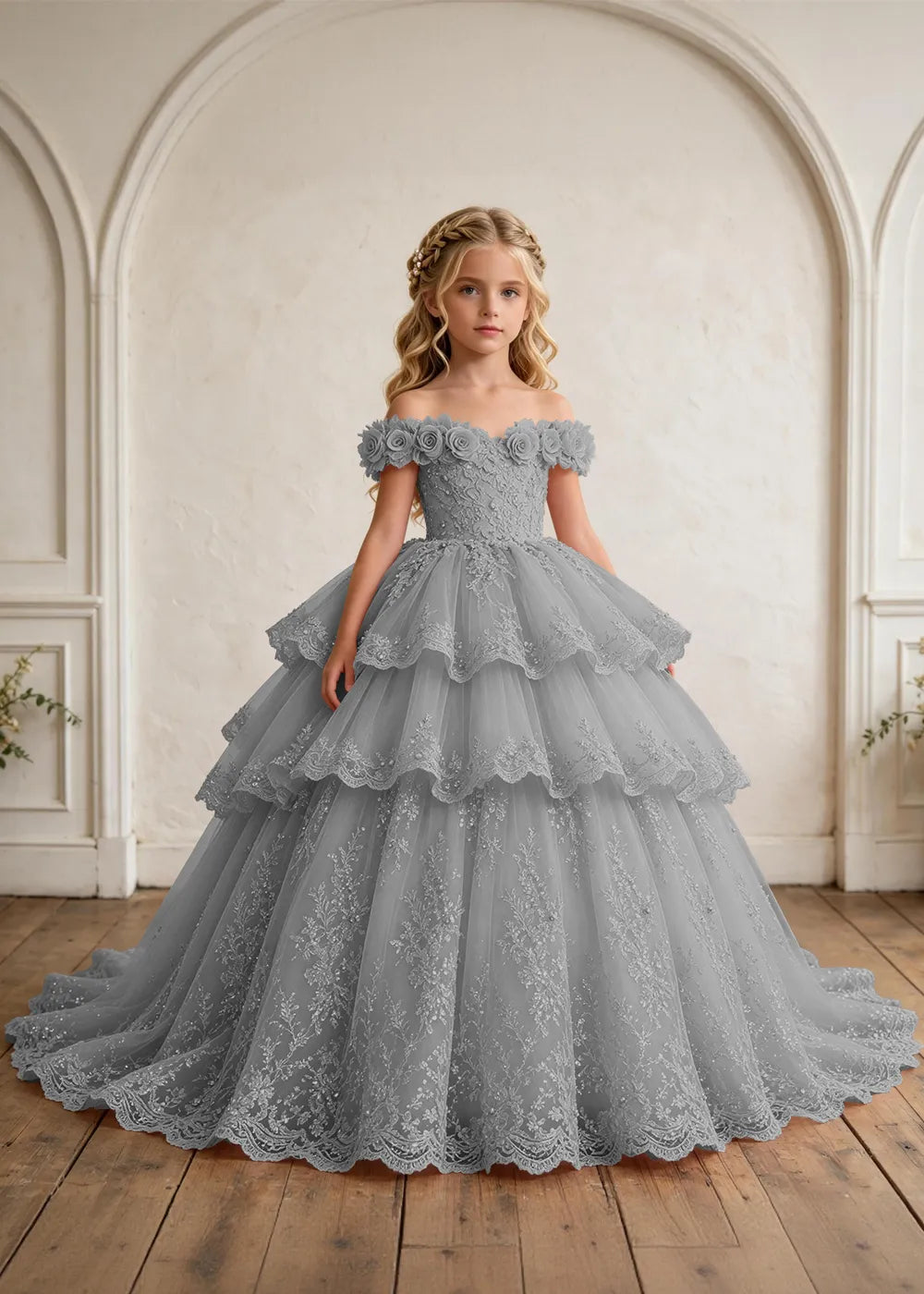 Off Shoulder Floral Lace Princess Ball Gown for Girls