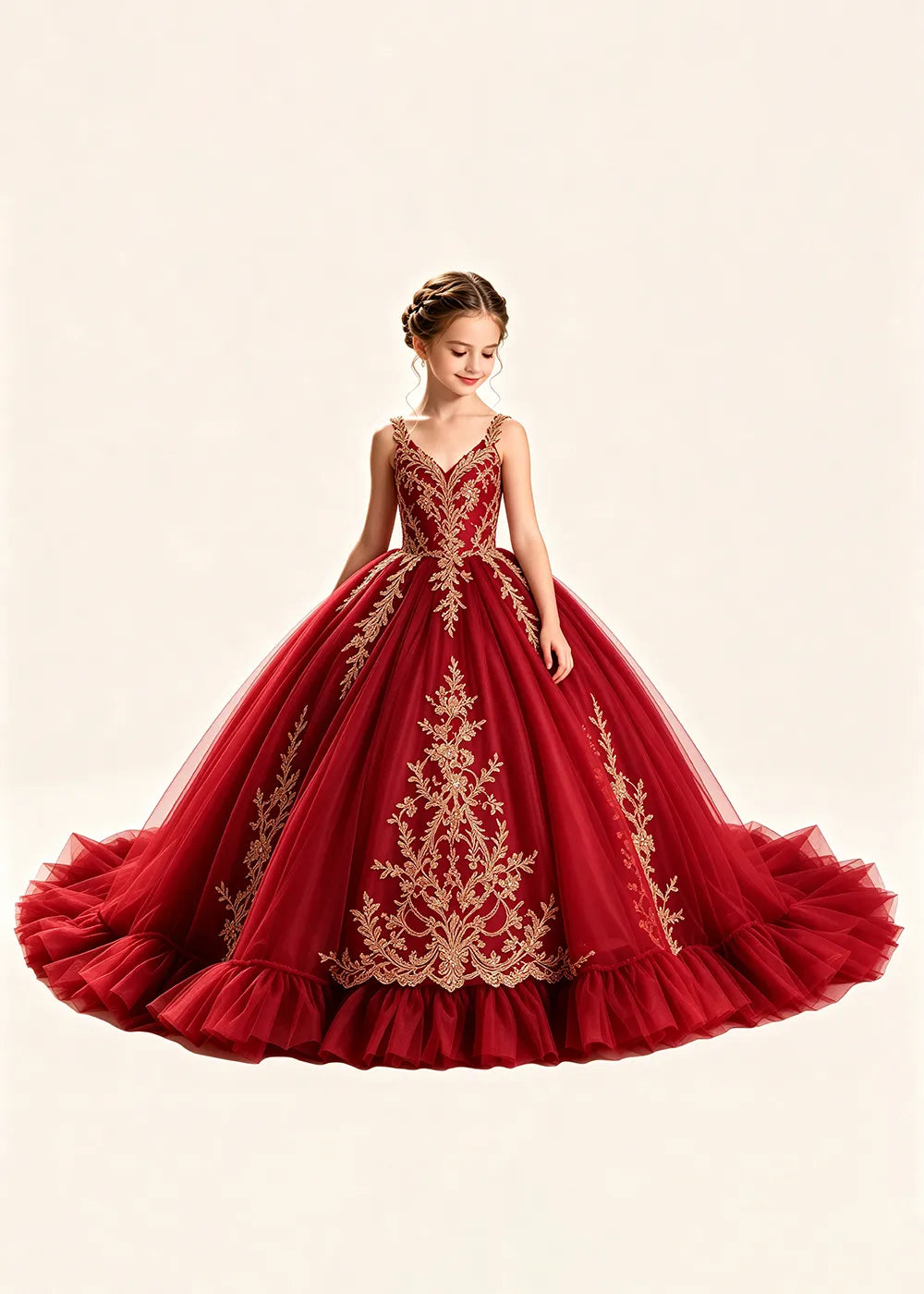 Gold Appliqué V-Neck Princess Dress for Girls