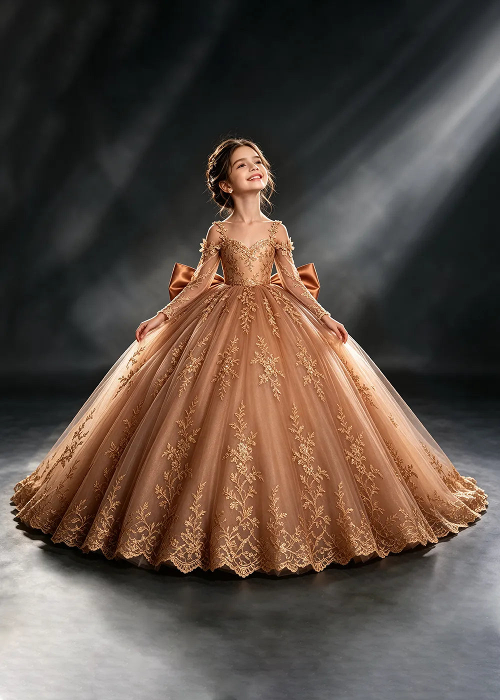 Navy Blue Gold Lace Flower Girl Gown with Floral Straps and Train