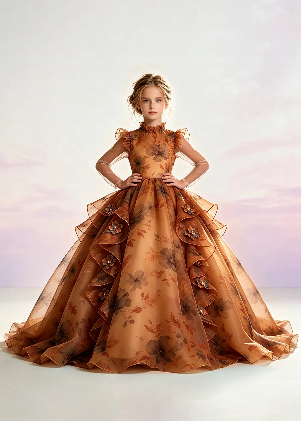 Navy Blue Floral Ruffle-Collar Flower Girl Dress