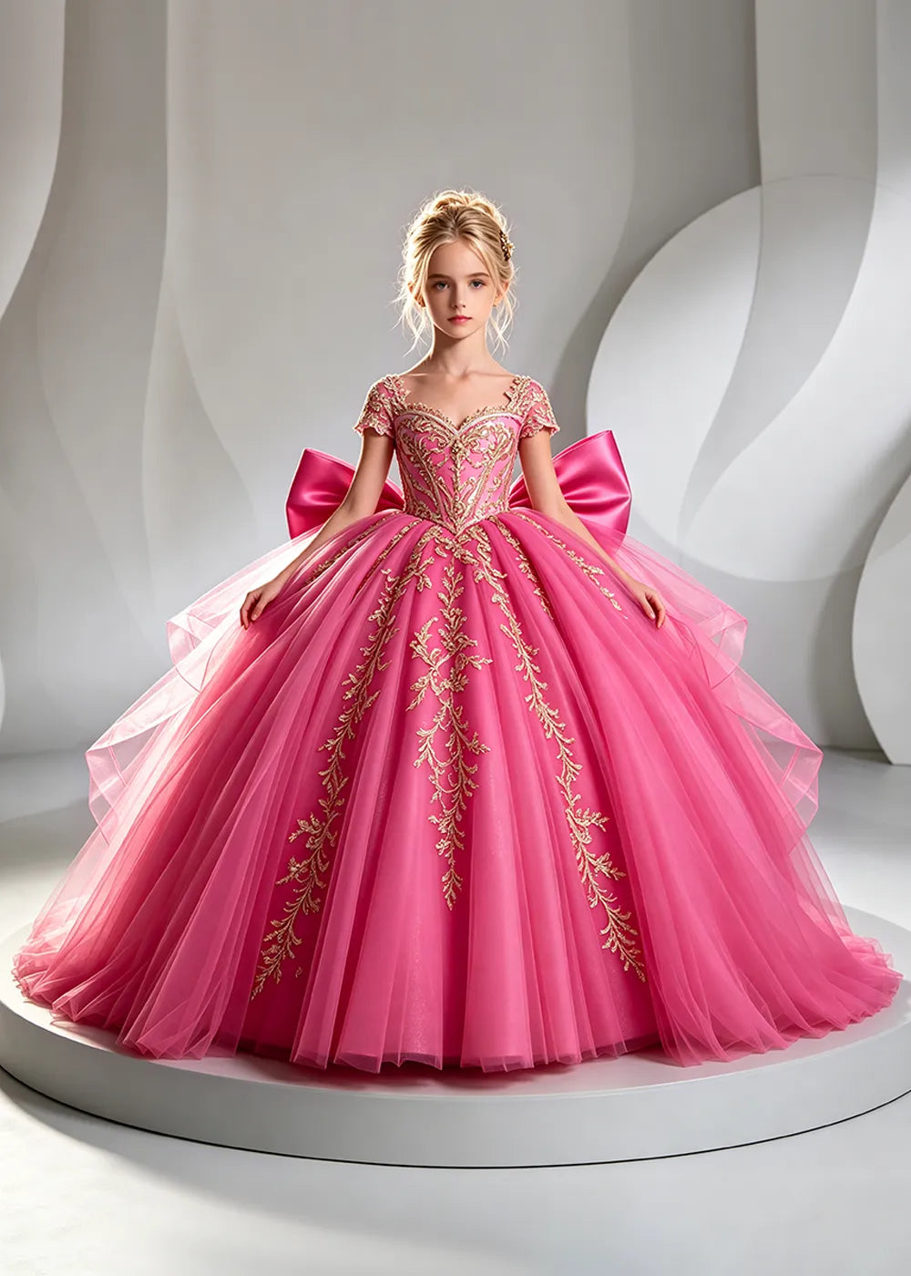 Cap Sleeve Sequin Bodice Flower Girl Dress with Bow and Gold Embroidery