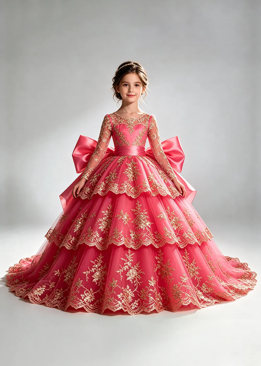 Long Sleeve Lace Flower Girl Dress with Sash Bow and Tiered Skirt