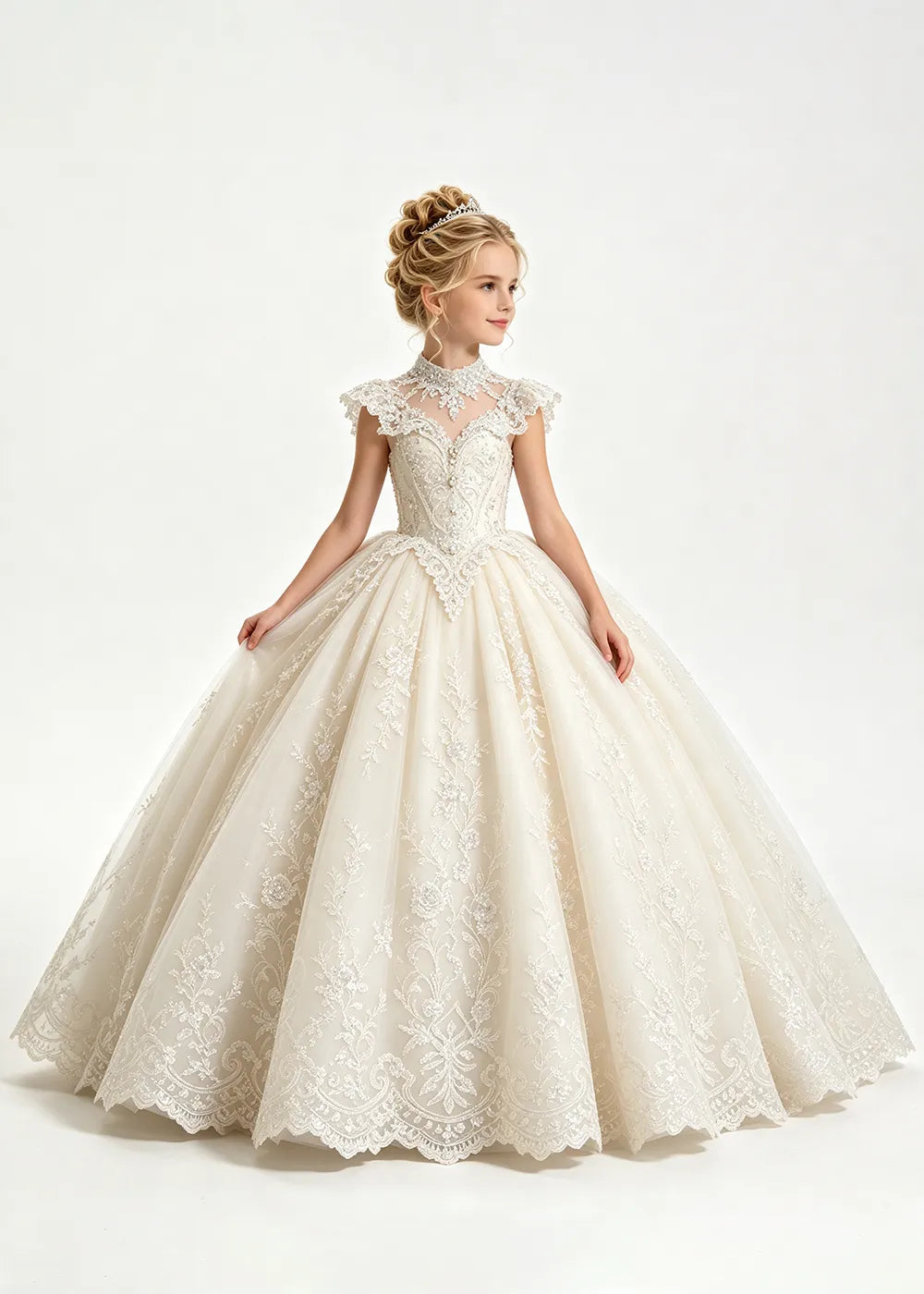 Pale Silver-Gray Blue Flower Girl Ball Gown with High Floral Collar