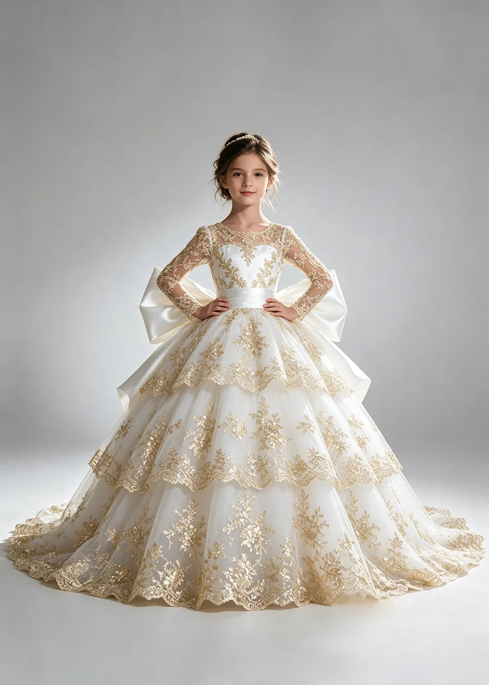Long Sleeve Lace Flower Girl Dress with Sash Bow and Tiered Skirt