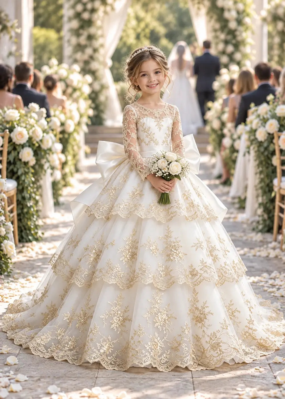 Long Sleeve Lace Flower Girl Dress with Sash Bow and Tiered Skirt
