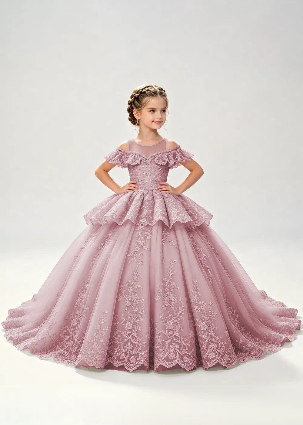 Illusion Neck Tiered Lace Flower Girl Ball Gown Dress