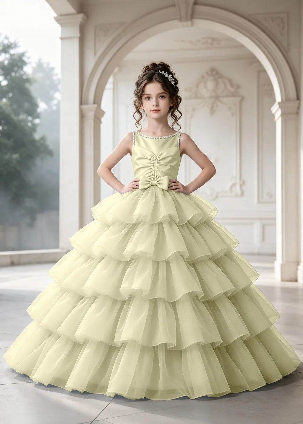 Flower girl dress in Cream, front view.