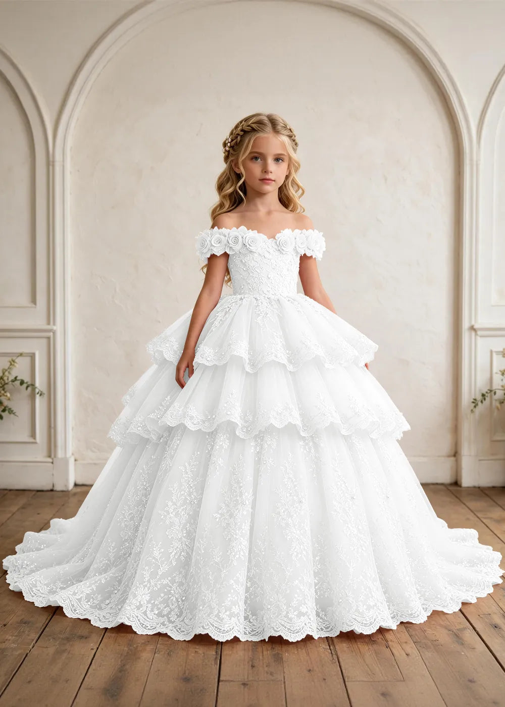 Off Shoulder Tiered Lace Flower Girl Ball Gown Dress