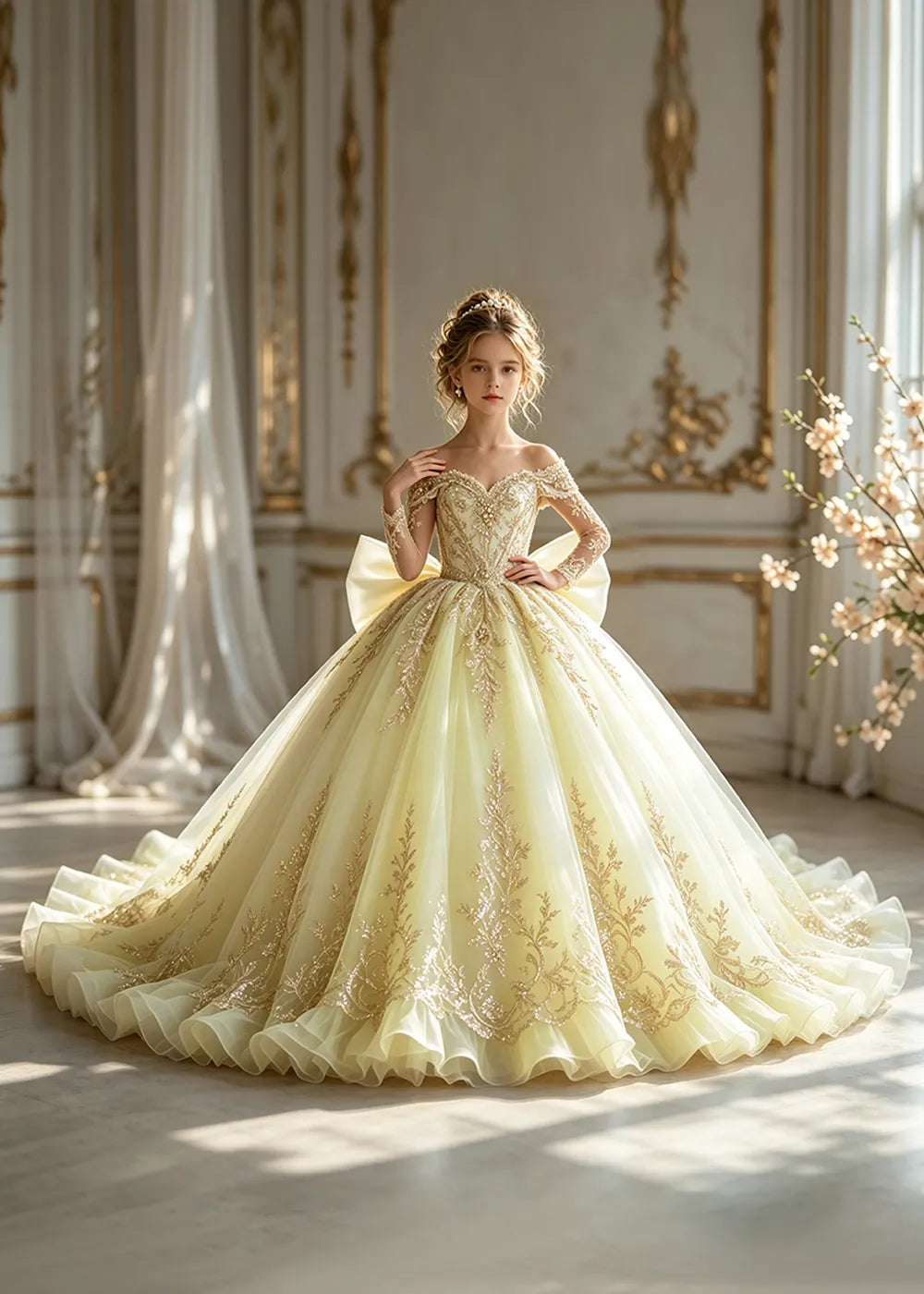 Off-Shoulder Sequin Lace Flower Girl Dress with Bow and Flounced Hem