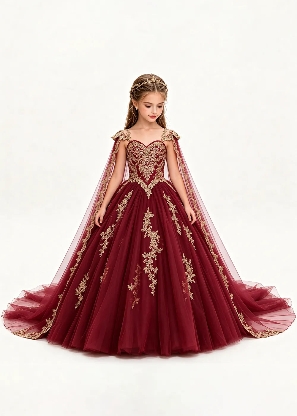 Gold Appliqué Cape Flower Girl Ball Gown Dress