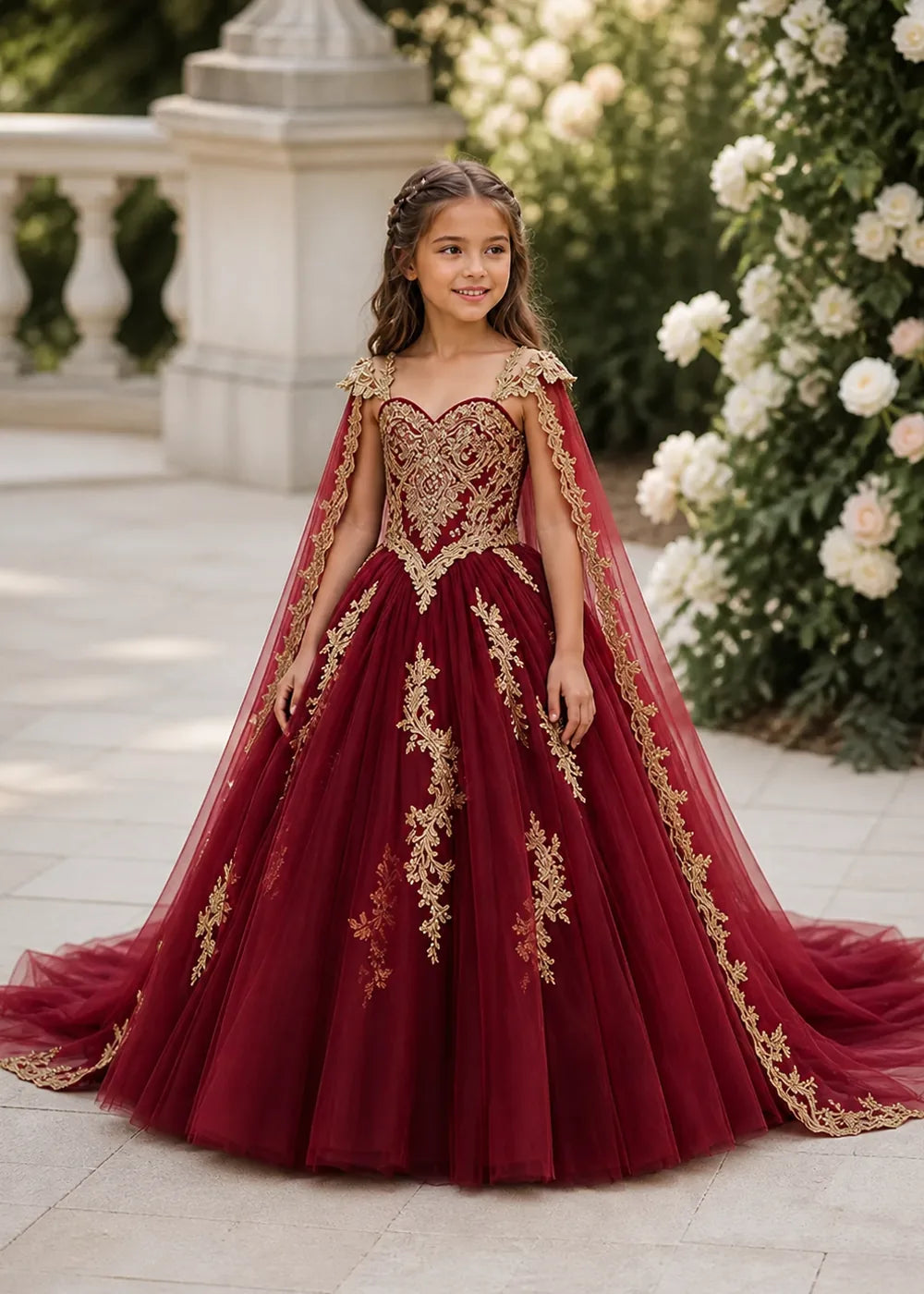 Gold Appliqué Cape Flower Girl Ball Gown Dress