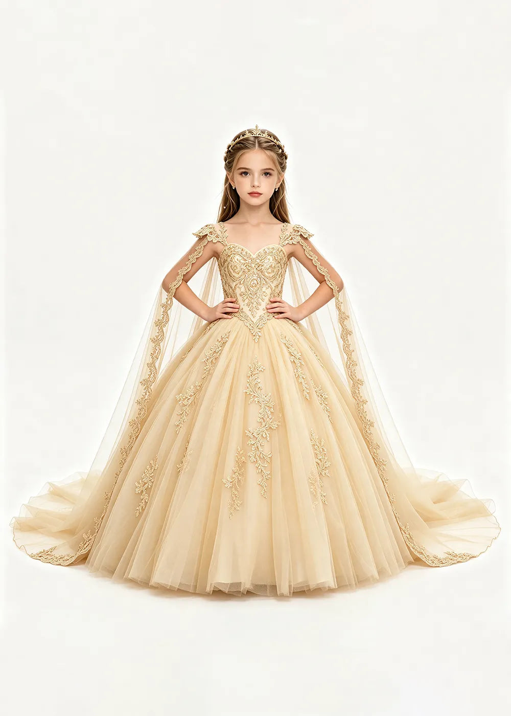 Gold Appliqué Cape Princess Dress for Girls
