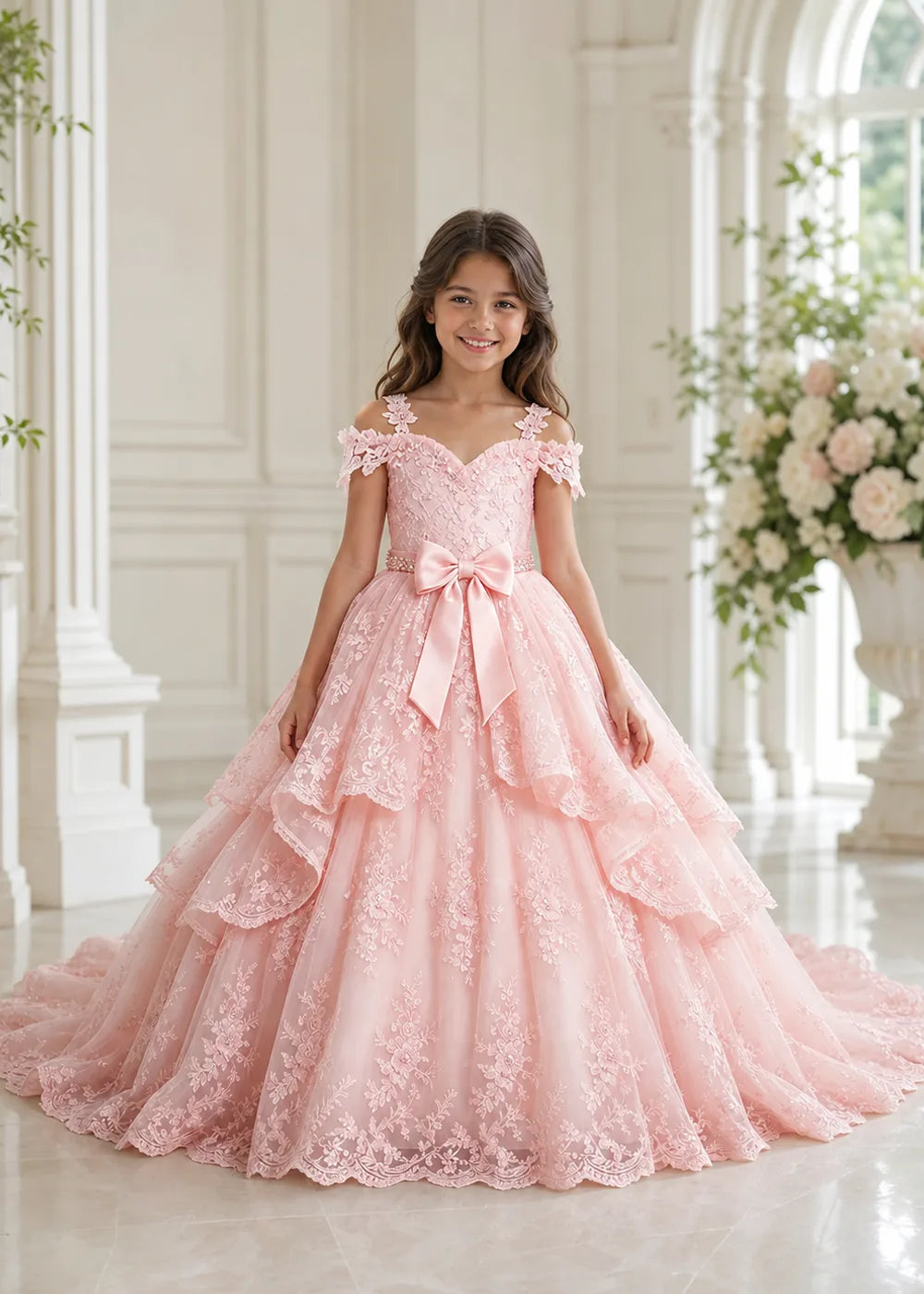 Bow Waist Floral Lace Flower Girl Ball Gown Dress