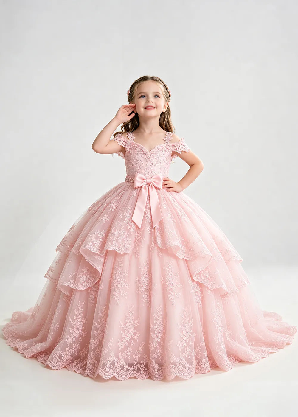 Bow Waist Floral Lace Flower Girl Ball Gown Dress