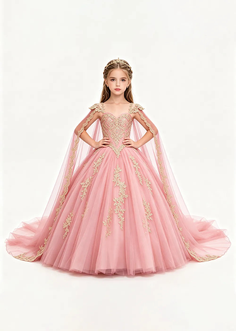 Gold Appliqué Cape Flower Girl Ball Gown Dress
