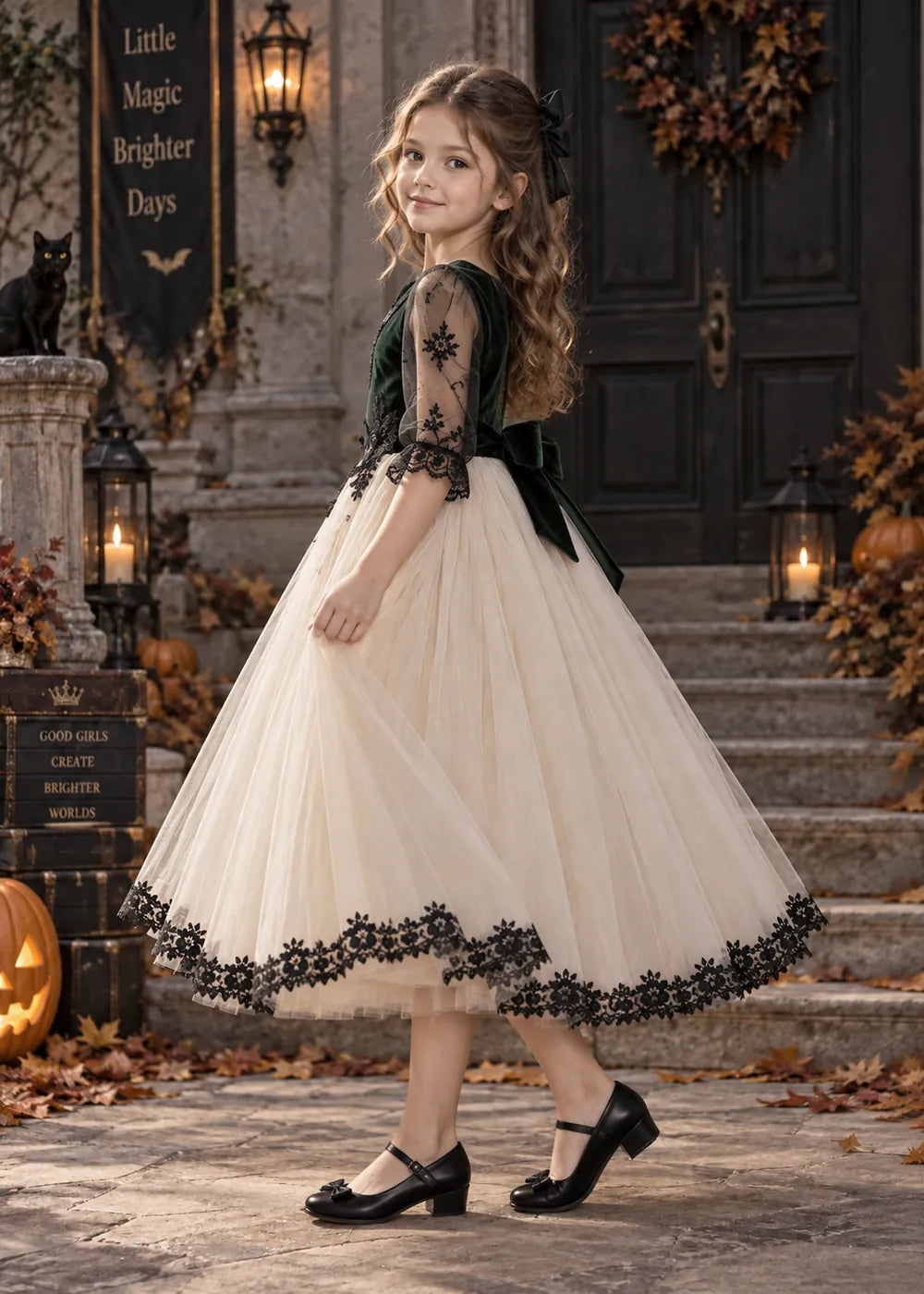 Side back view of the dark green, cream, and black flower girl dress.