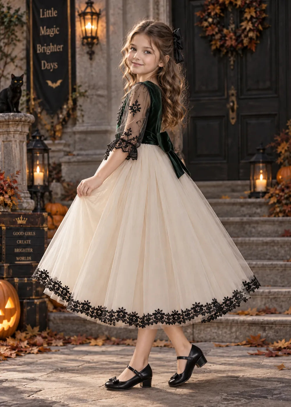 Detail view of the dark green, cream, and black flower girl dress.