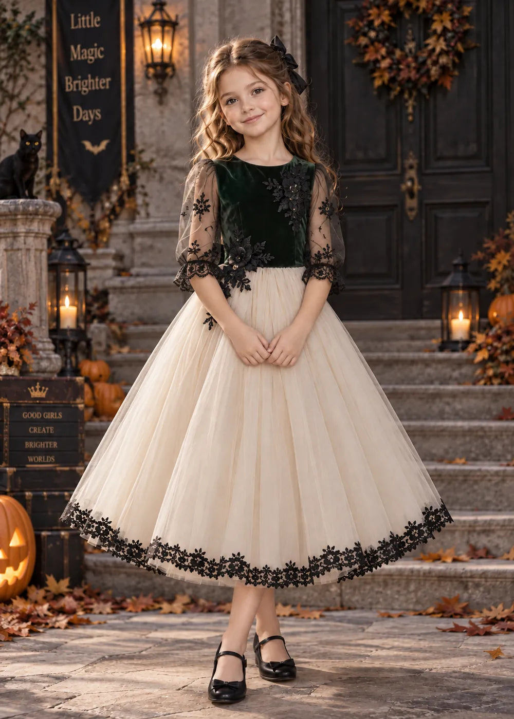 Detail view of the dark green, cream, and black flower girl dress.