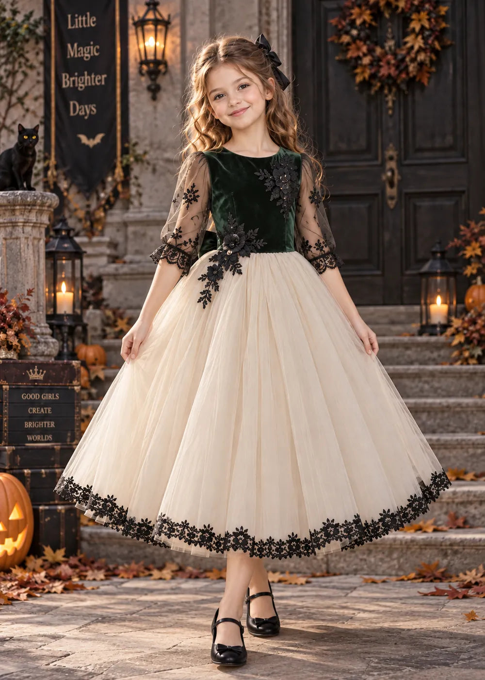 Front view of the dark green, cream, and black flower girl dress.