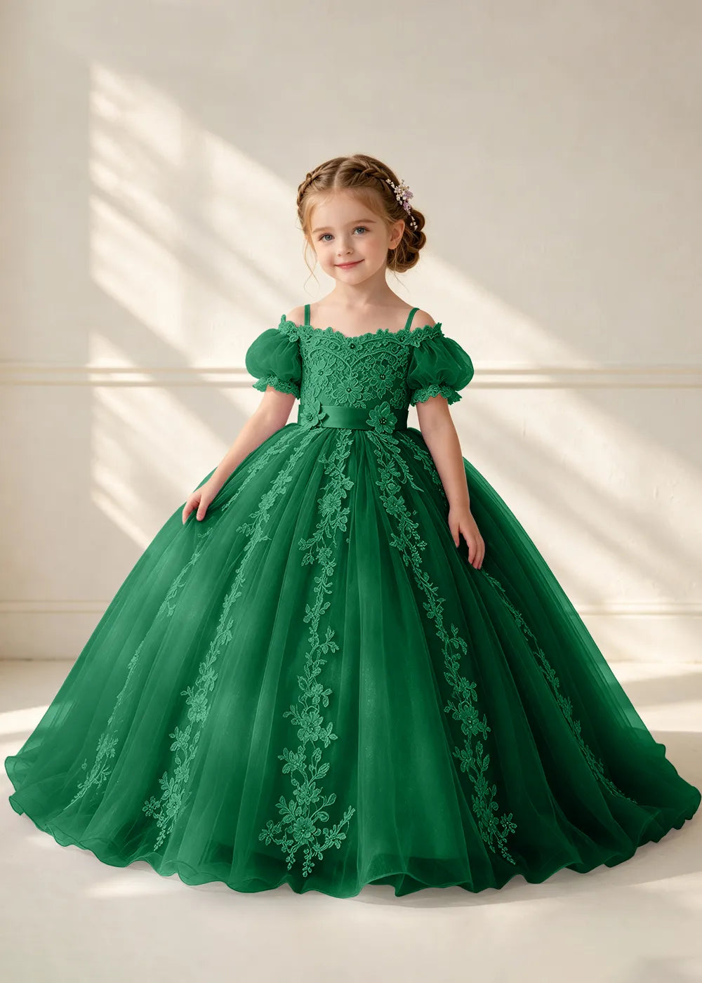 Puff Sleeve Floral Lace Flower Girl Ball Gown Dress