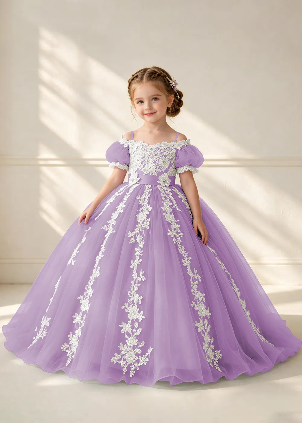 Puff Sleeve Floral Lace Flower Girl Ball Gown Dress