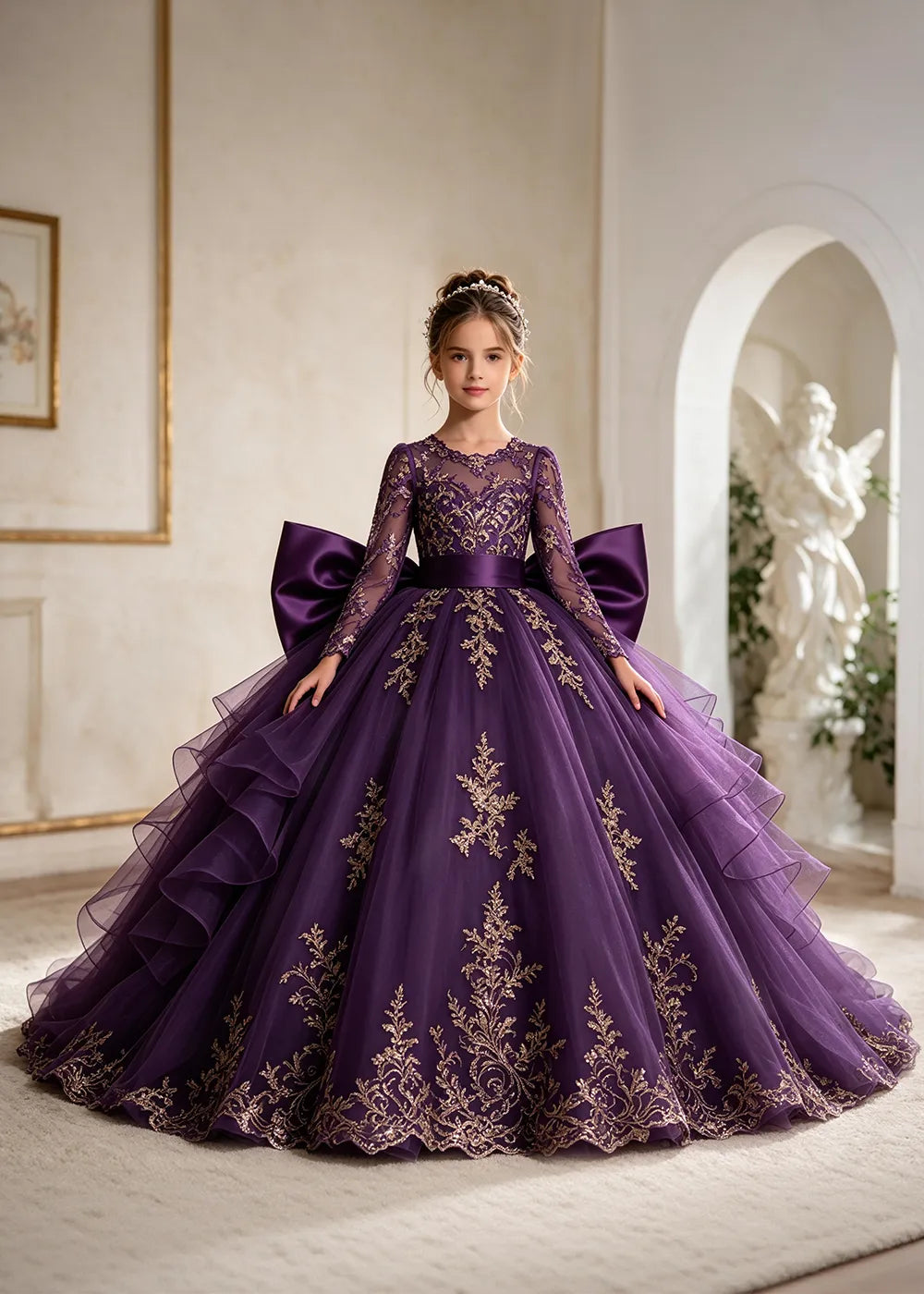 Navy Blue Gold Lace Flower Girl Gown with Ruffles and Long Bow Tails