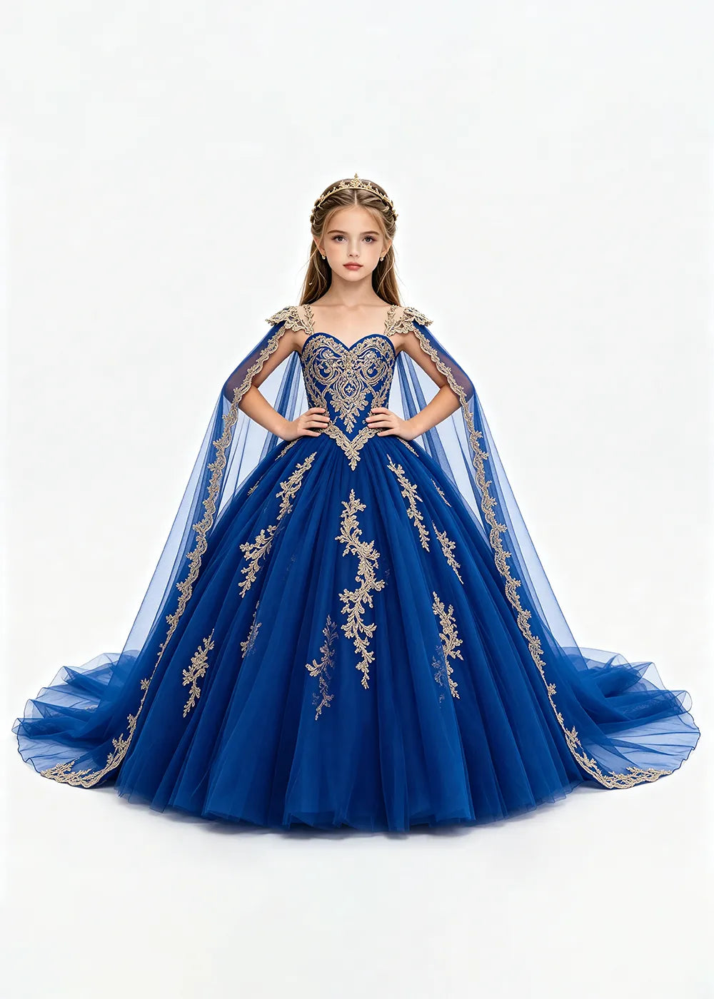 Gold Appliqué Cape Princess Dress for Girls