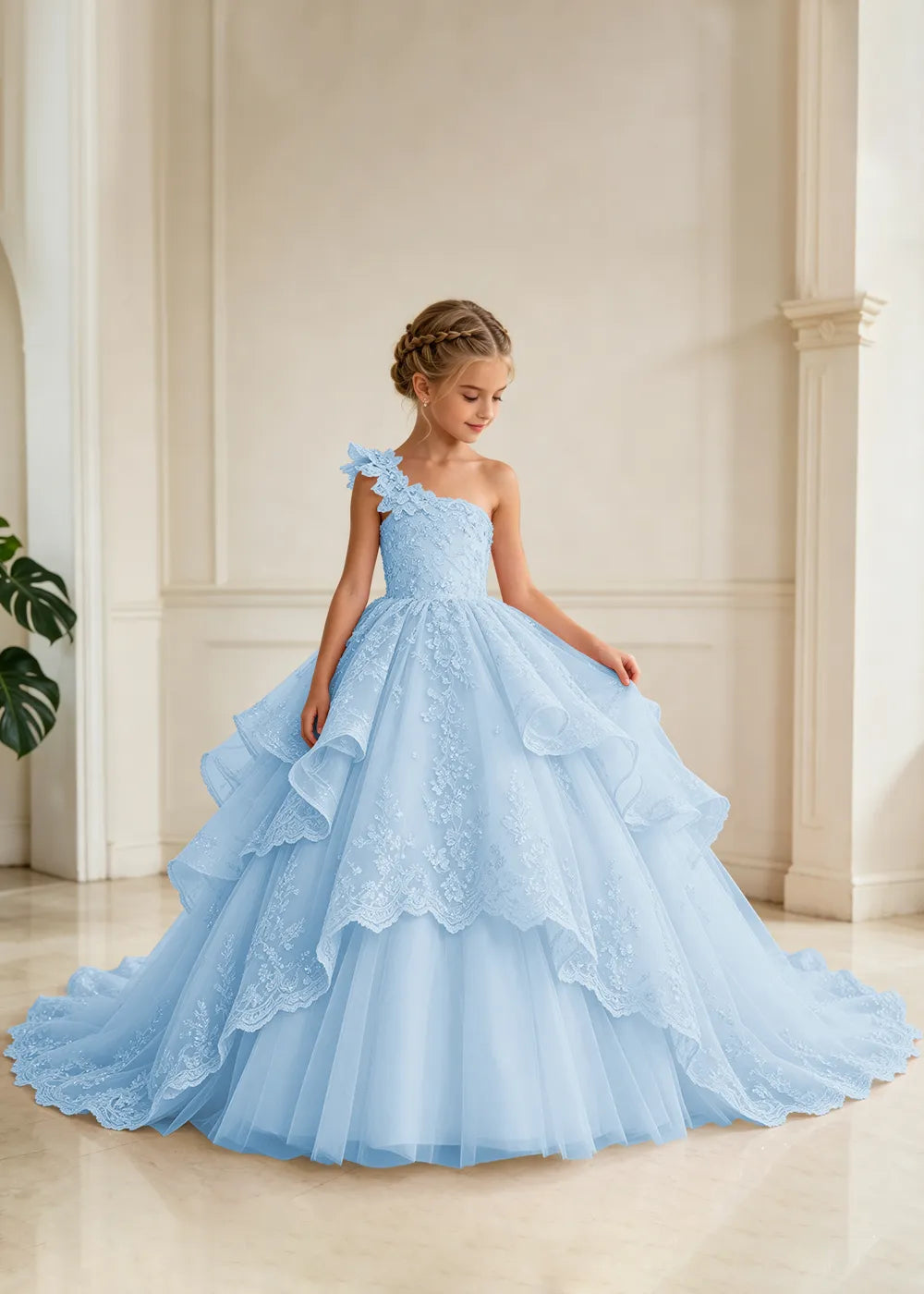Floral Strap Tiered Lace Flower Girl Ball Gown Dress