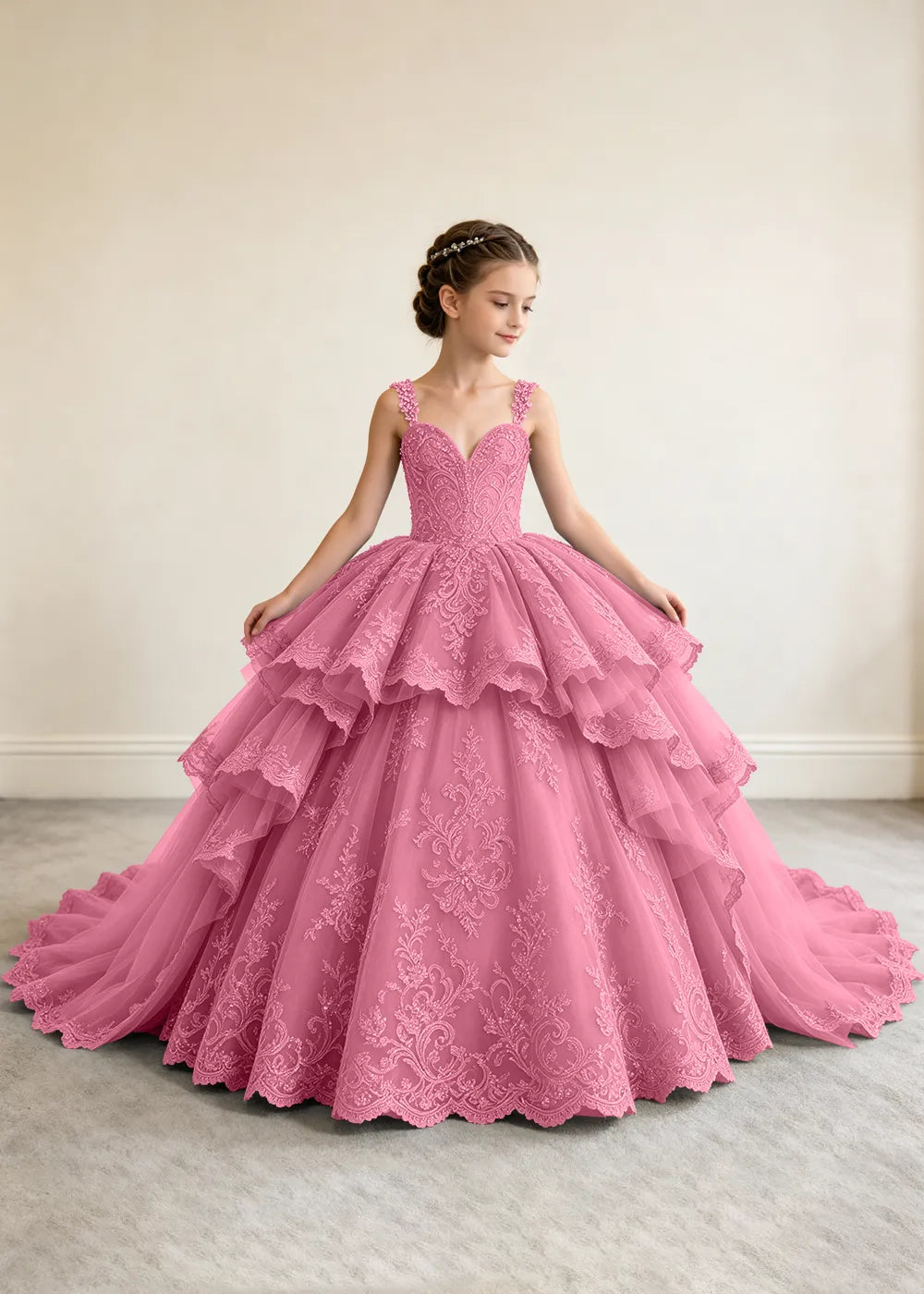 V-Neck Tiered Lace Princess Dress for Girls