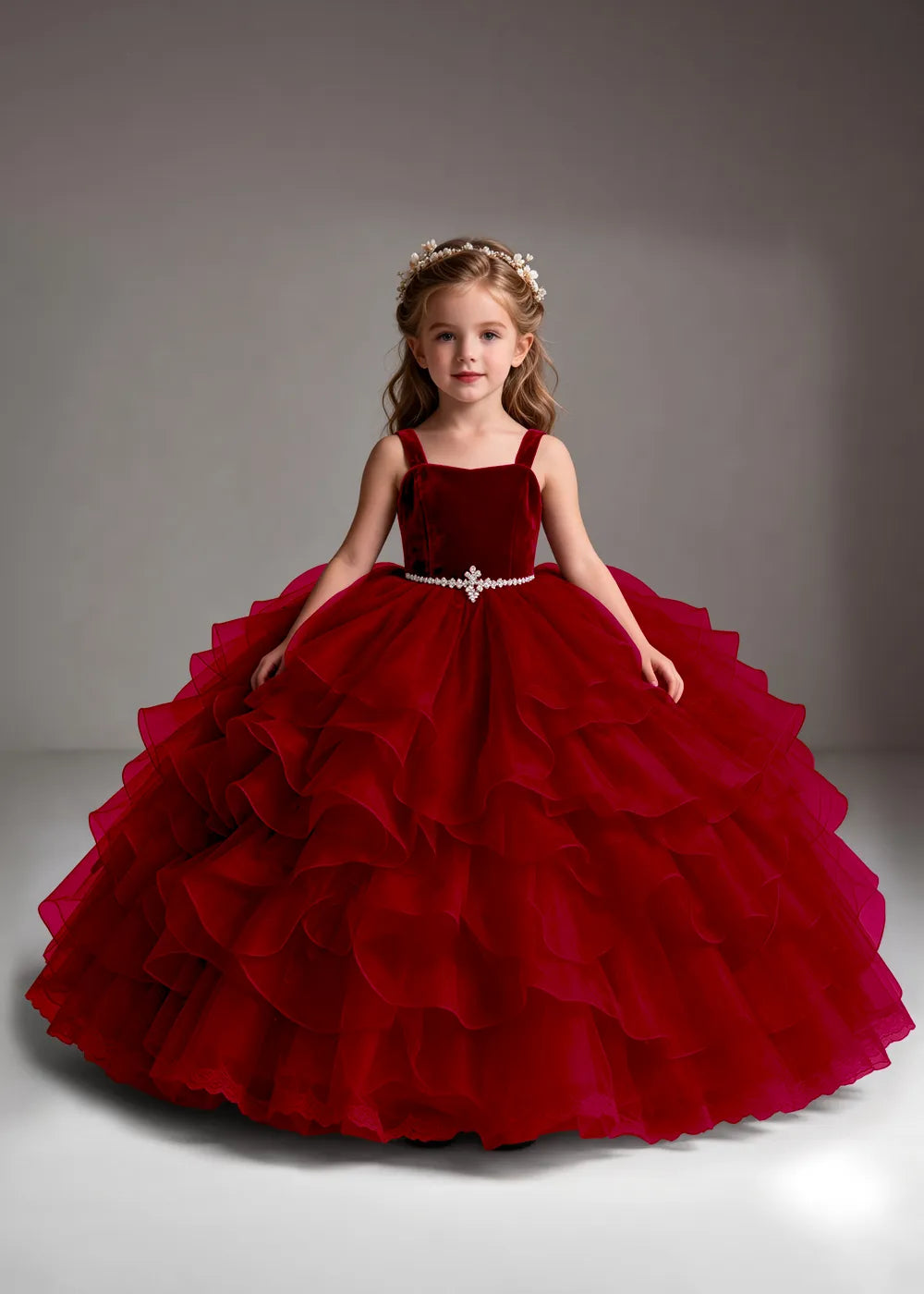Burgundy Flower Girl Dress with Cascading Ruffles and Jeweled Waist