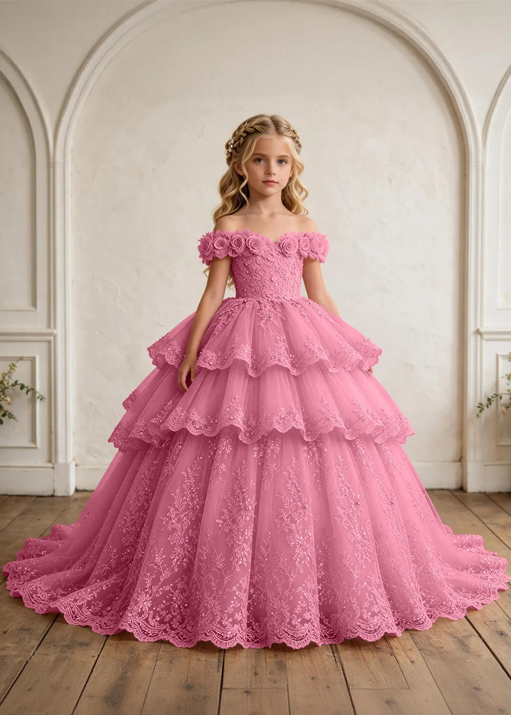 Off Shoulder Tiered Lace Flower Girl Ball Gown Dress