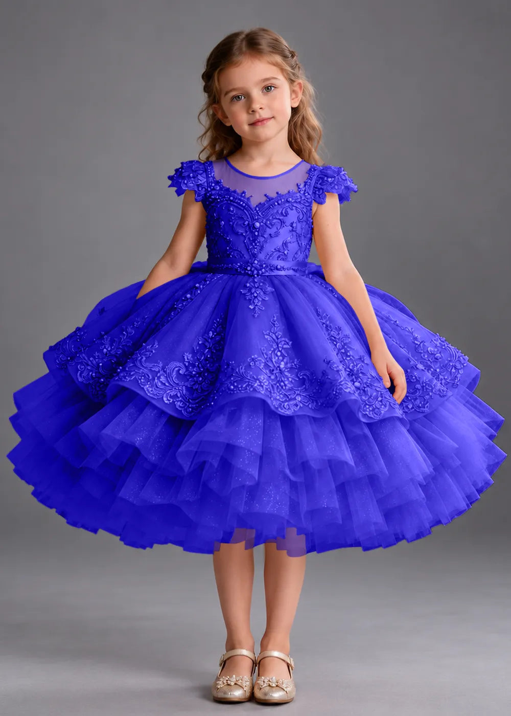 Navy Blue Flower Girl Dress with Beaded Lace and Short Ruffle Skirt