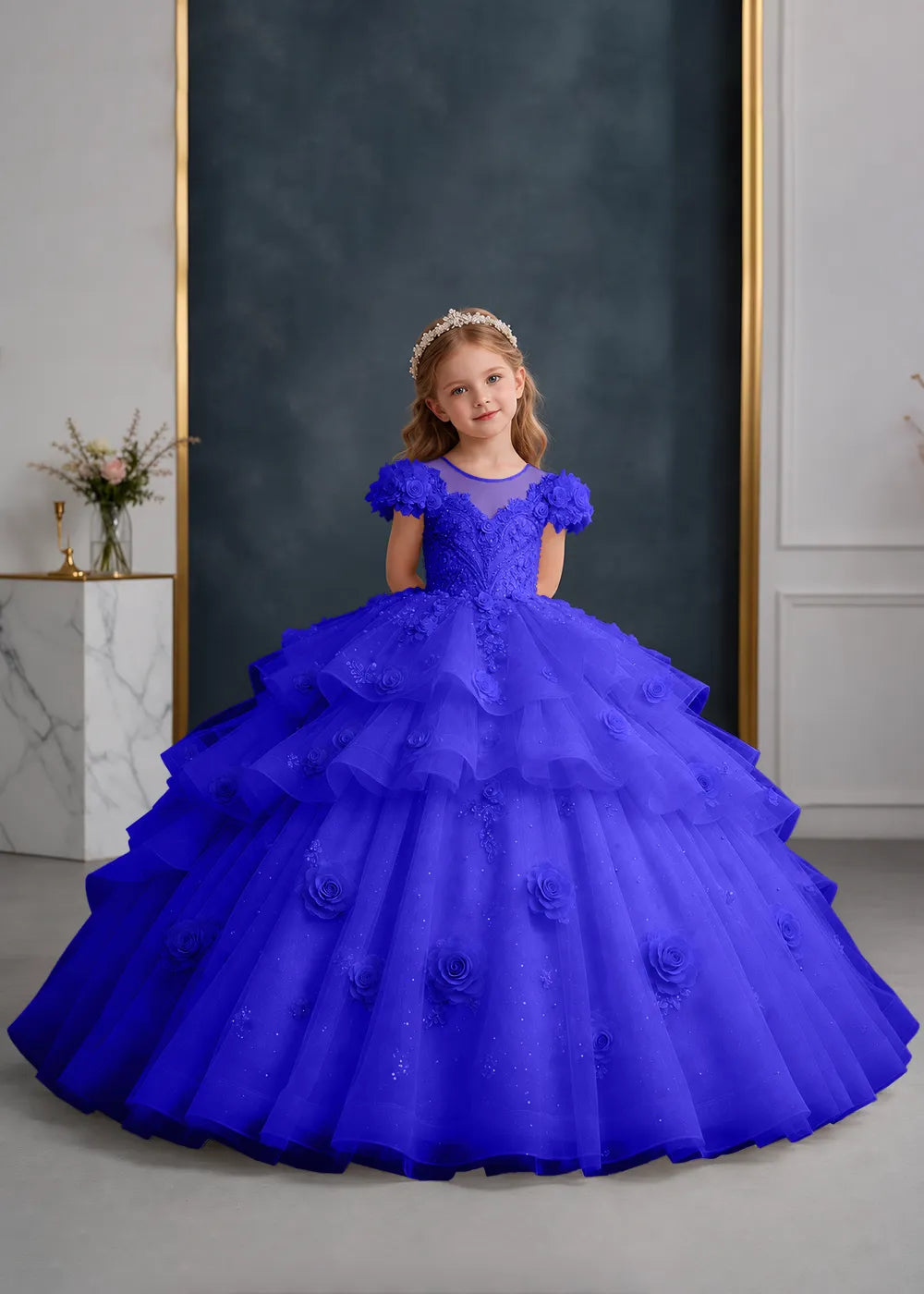 Navy Blue Flower Girl Gown with Floral Cap Sleeves and Rose Ruffles