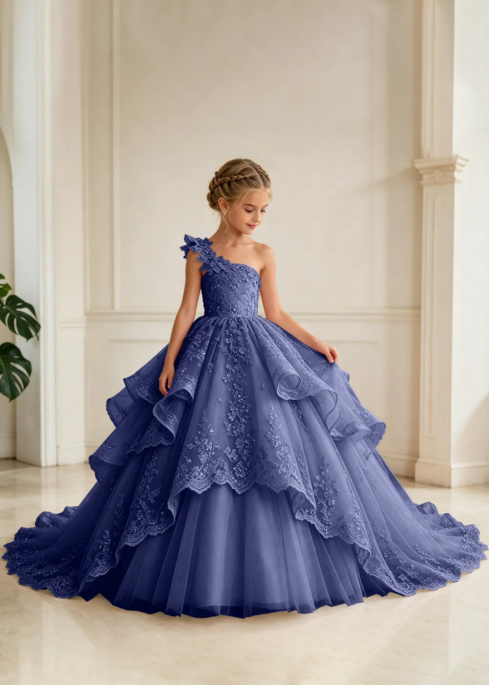 Floral Strap Tiered Lace Flower Girl Ball Gown Dress