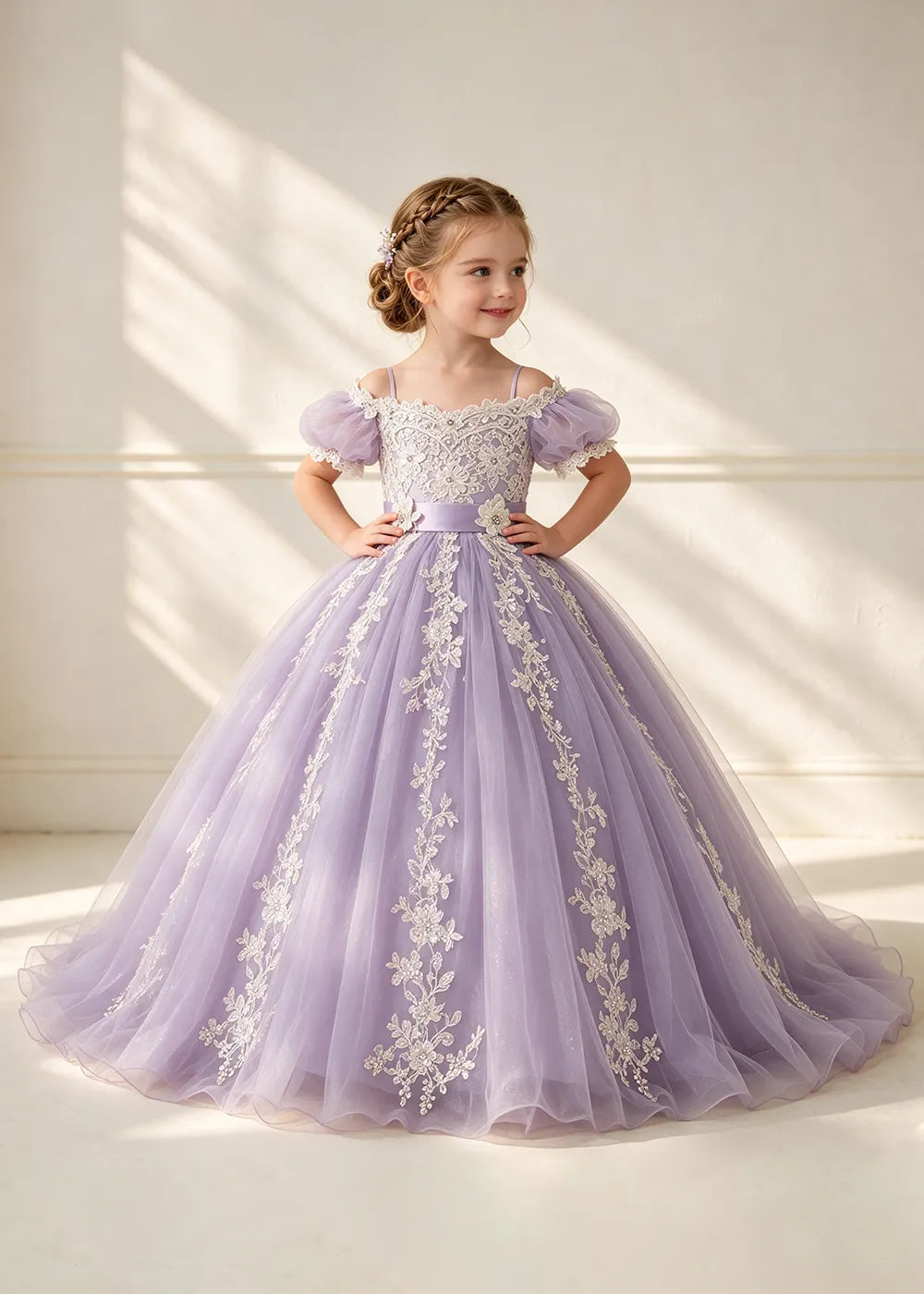 Puff Sleeve Floral Lace Flower Girl Ball Gown Dress