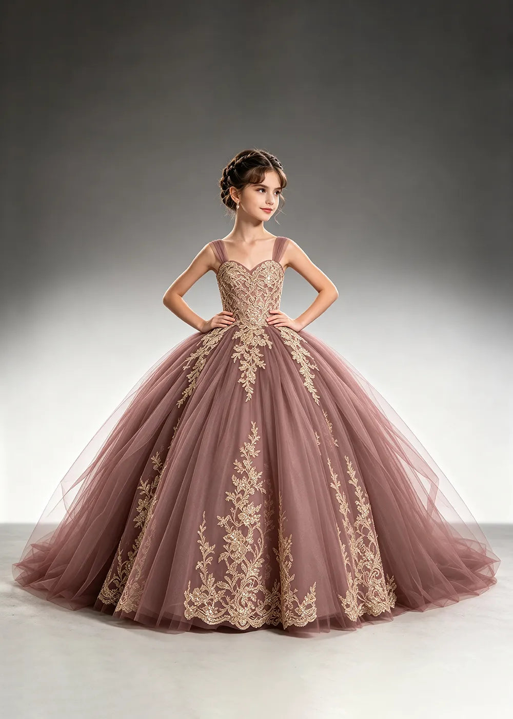 Metallic Appliqué Flower Girl Ball Gown Dress