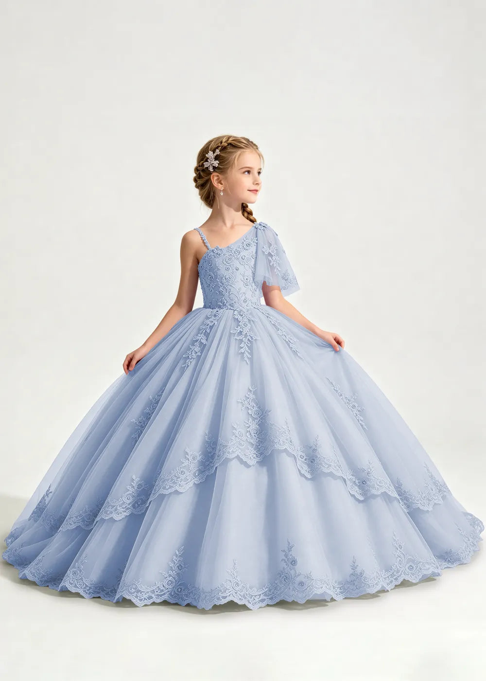 One-Shoulder Floral Lace Princess Dress for Girls