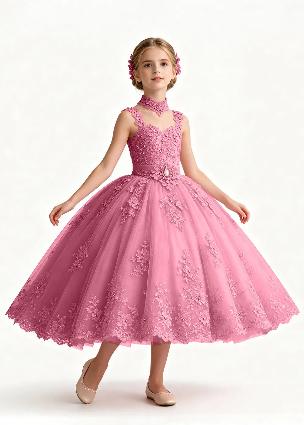 Pink Tea-Length Flower Girl Dress with Floral Neck Band