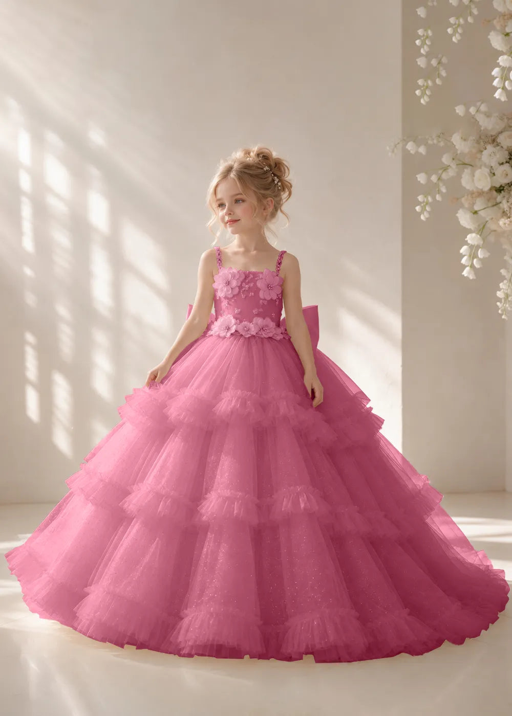 Front view of a child wearing a desert rose flower girl dress with beaded spaghetti straps, a bodice covered in three-dimensional fabric flowers and a multi-tiered tulle skirt.