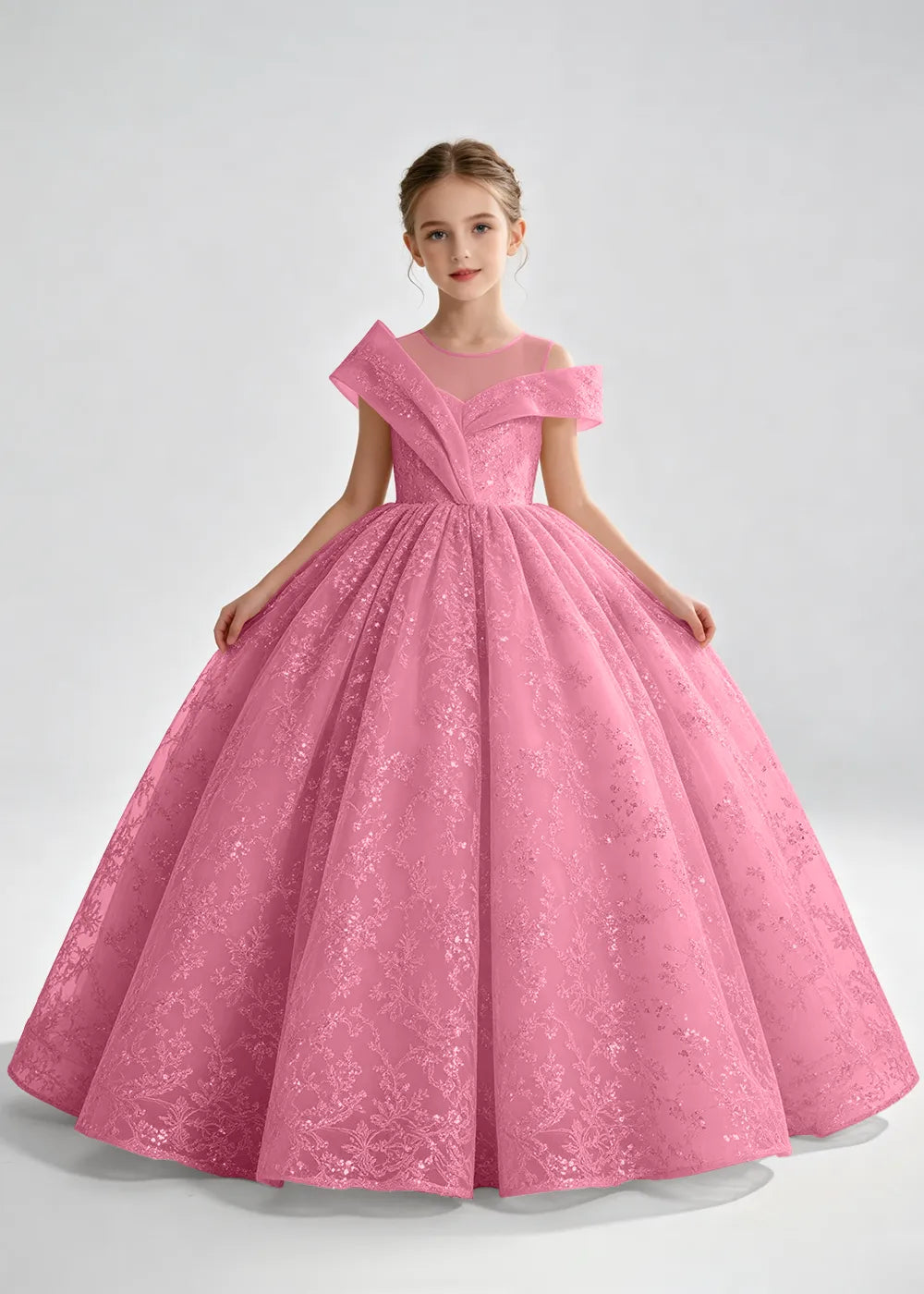 Navy Blue Illusion-Band Floral Flower Girl Dress