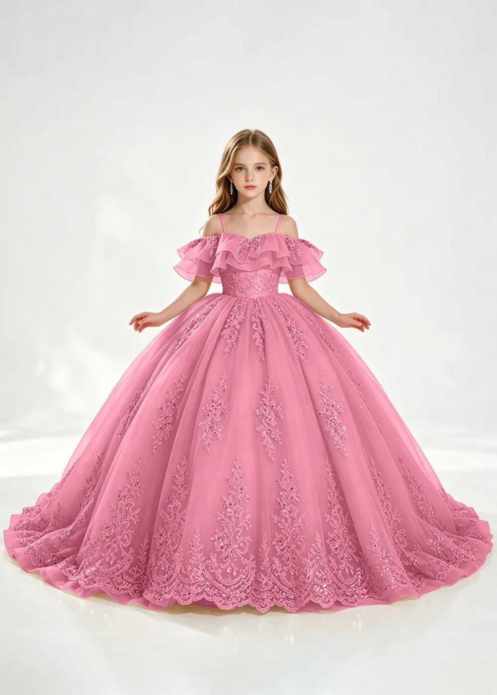 Slate Blue Off-Shoulder Lace-Hem Flower Girl Dress