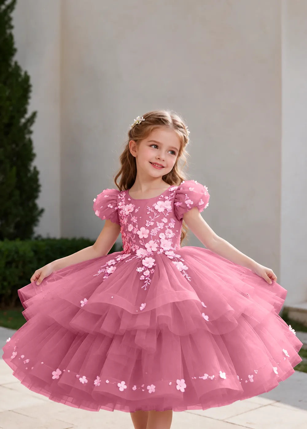 Pink Flower Girl Dress with Floral Trails and Ruffled Hem