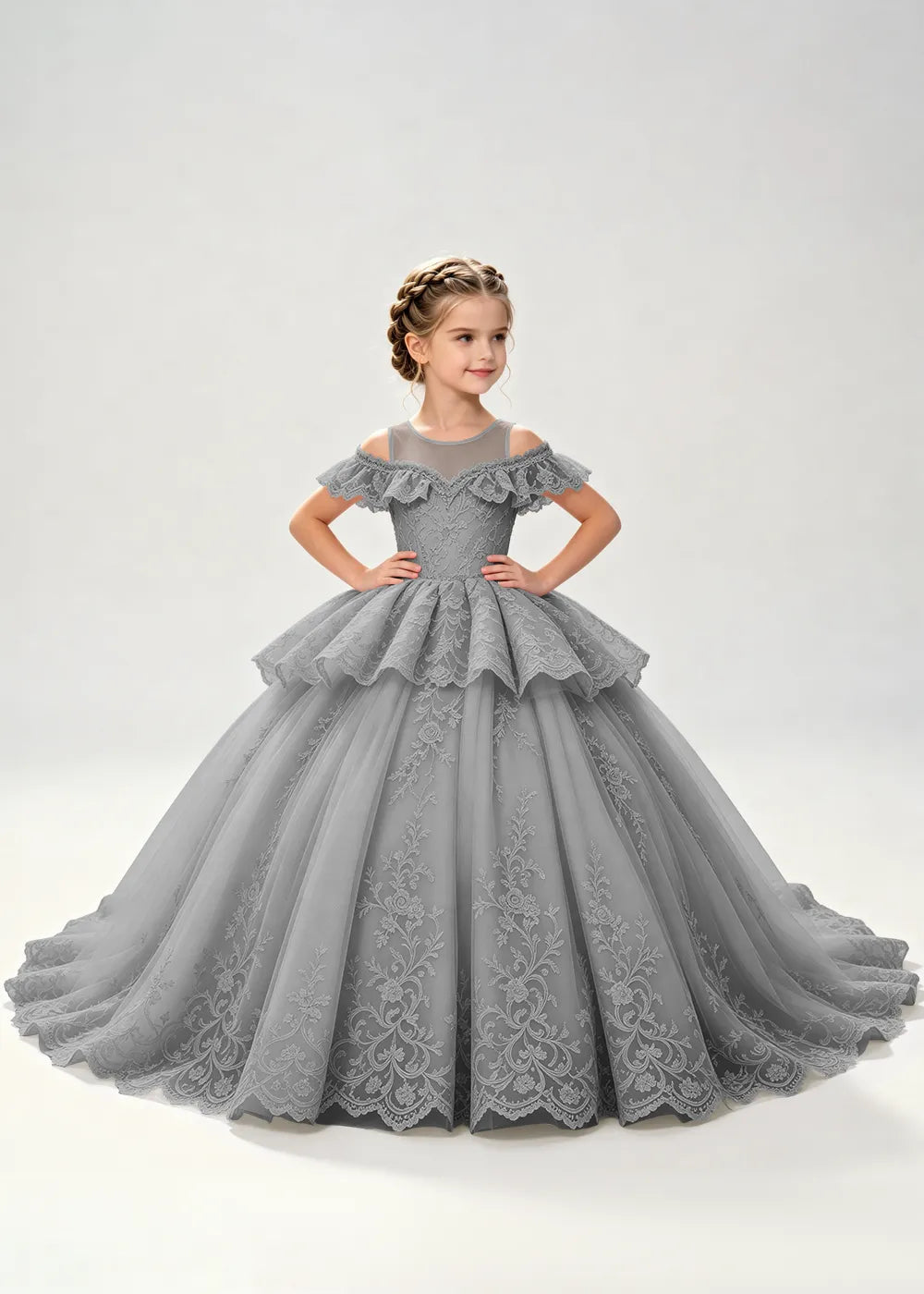 Illusion Neck Tiered Lace Princess Dress for Girls