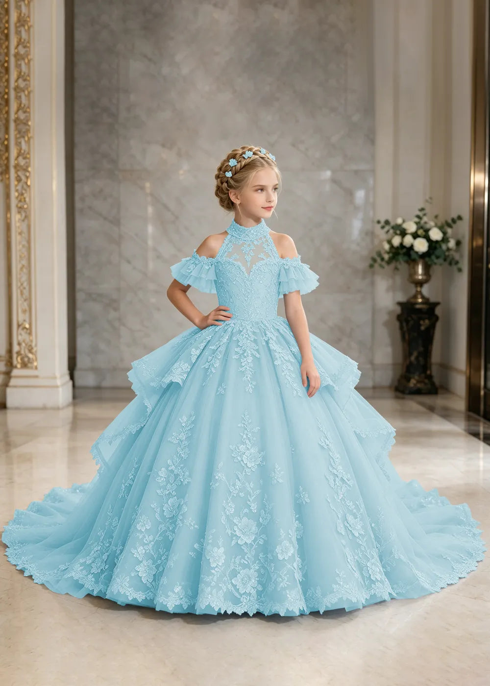 Illusion Neck Peplum Lace Princess Dress for Girls