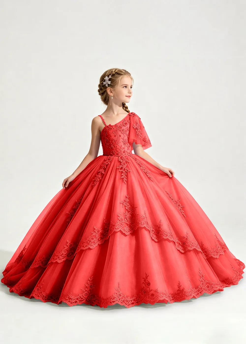 One-Shoulder Floral Lace Princess Dress for Girls