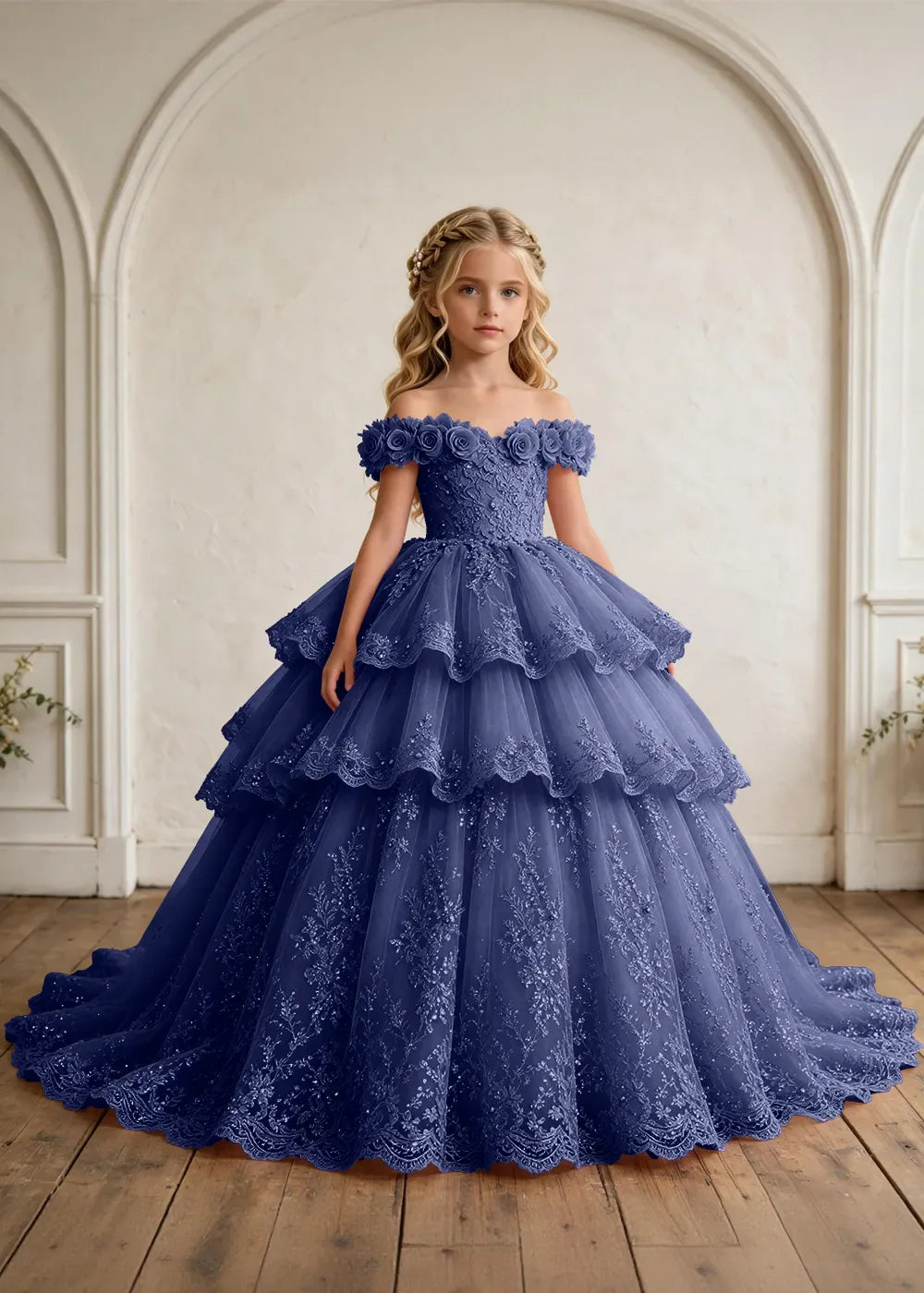 Off Shoulder Tiered Lace Flower Girl Ball Gown Dress