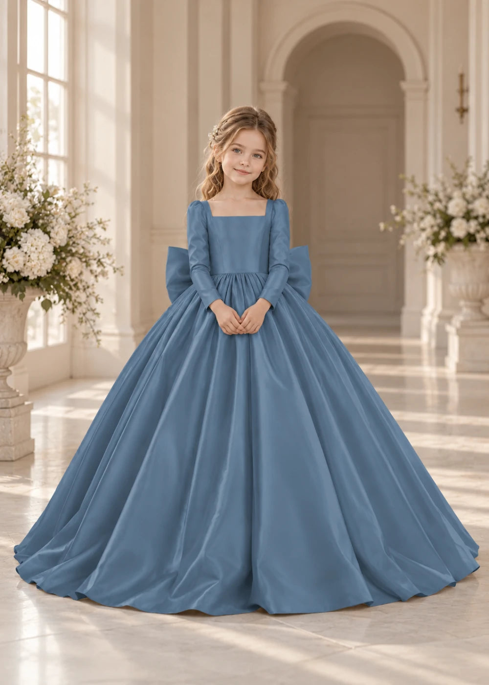 Dusty Blue Long-Sleeve Flower Girl Dress with a Full Skirt and Bow