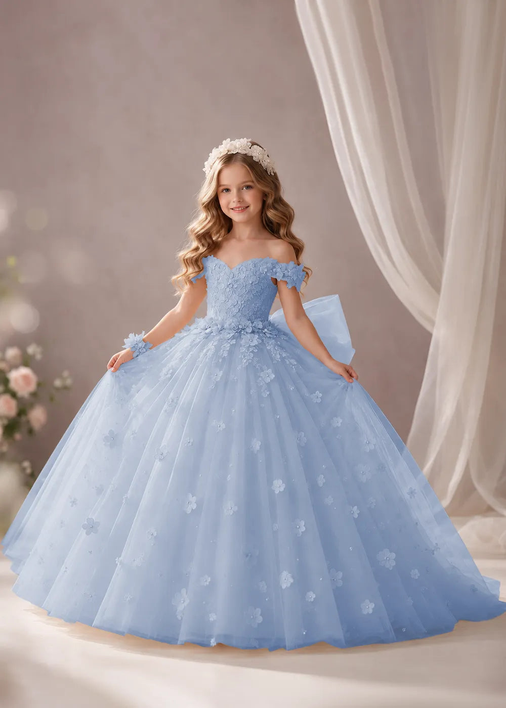 Pink Flower Girl Dress with Floral Appliques and a Full Skirt