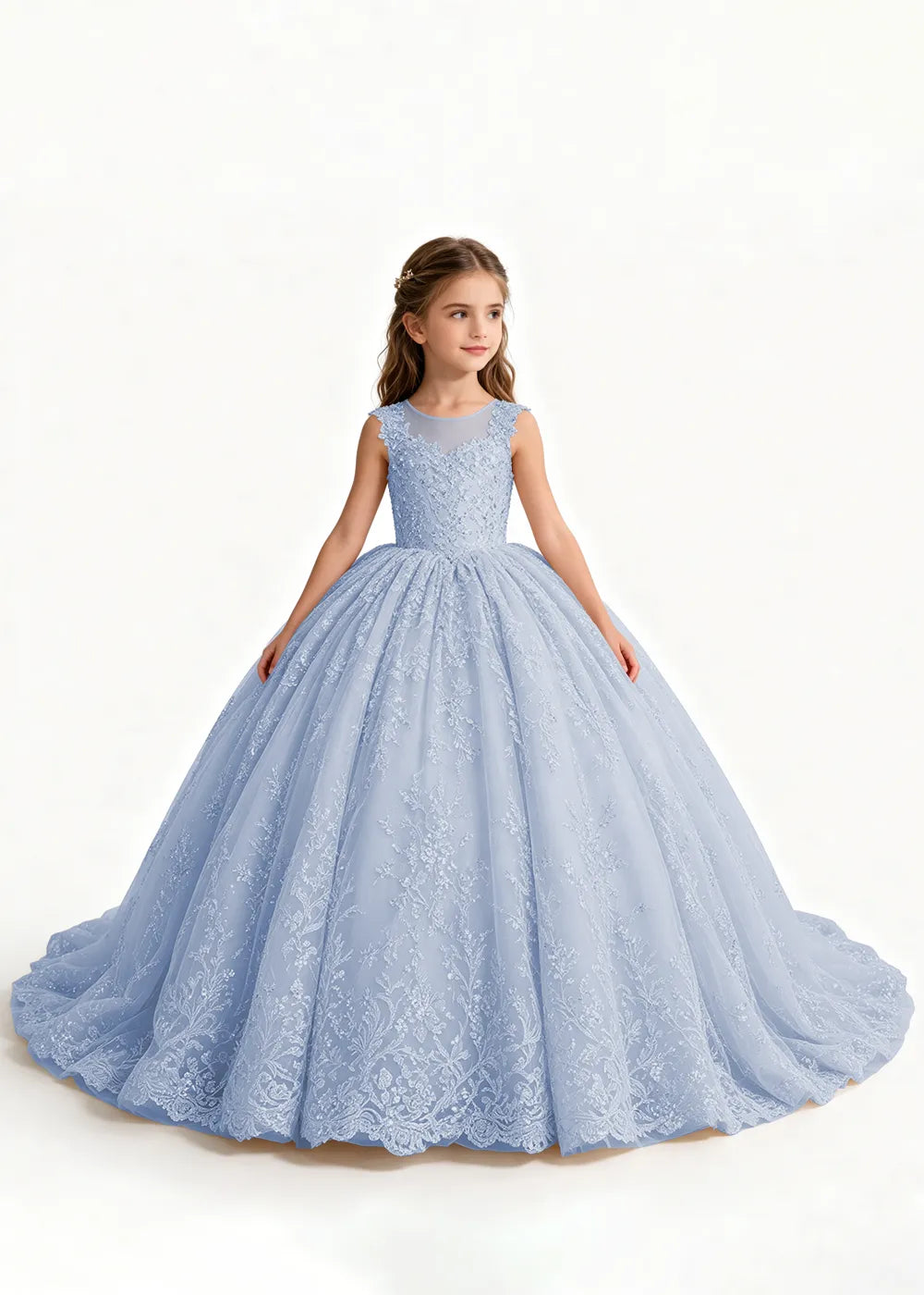 Champagne Flower Girl Gown with Floral Lace and Train