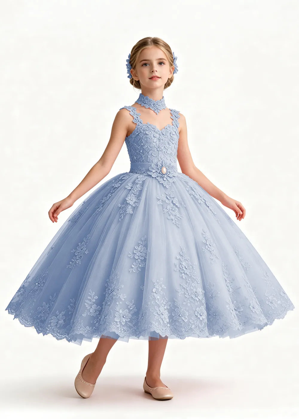 Pink Tea-Length Flower Girl Dress with Floral Neck Band